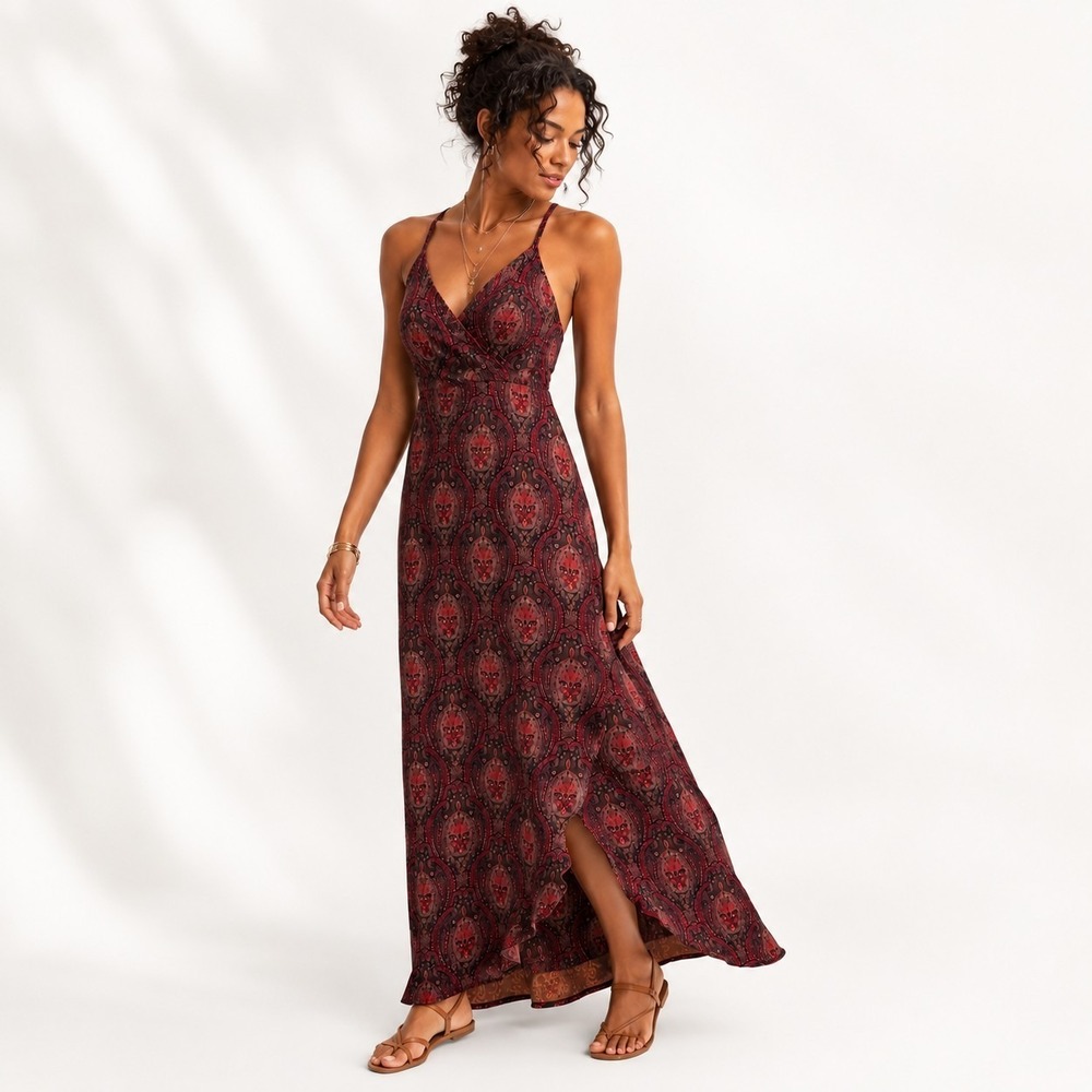 Volcom Maxi Dress Size XL 12 Faux Wrap Paisley Sleeveless V Neck Red Orange New